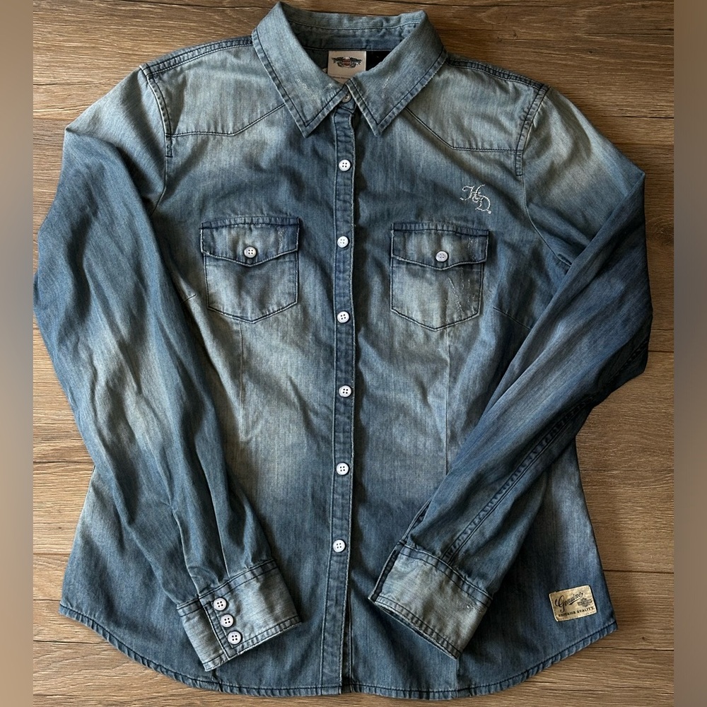 Harley-Davidson Women's Genuine Classic Denim Long Sleeve Shirt, Button Snaps